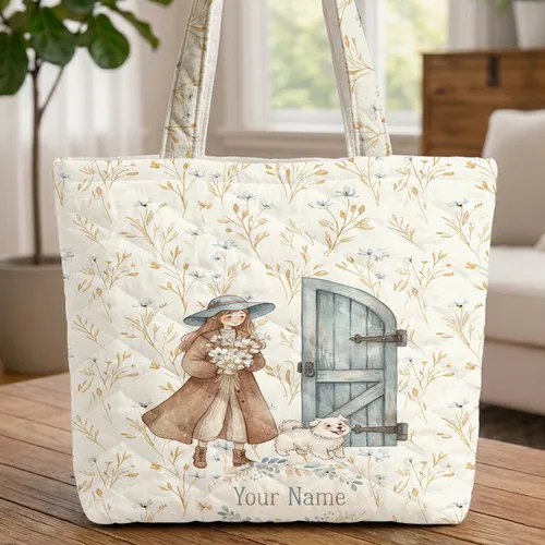 Young Woman Dog Wildflowers Personalized Name - Everyday Carry Gift Quilted Tote Bag
