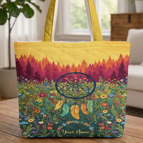 Personalized Dreamcatcher Wildflower Meadow Forest Sunset - Everyday Carry Gift Quilted Tote Bag