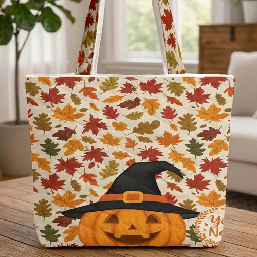 Jack-o'-Lantern Witch Hat Autumn Leaves - Halloween Lover Seasonal Gift Quilted Tote Bag