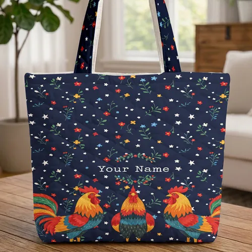 Majestic Roosters Floral Wreath Stars - Everyday Carry Gift for Rooster Lover Quilted Tote Bag