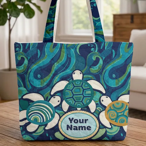 Sea Turtles Swirling Lines Crackle Oval - Ocean Life Lover Travel Essentials Gift Quilted Tote Bag