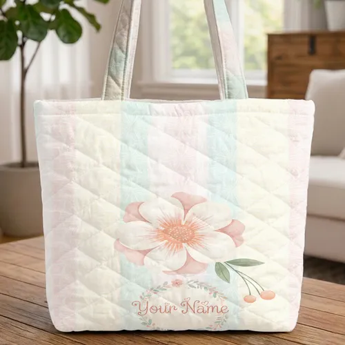Ruffled Flower Bloom Floral Wreath Tiny Buds Heart Leaf Accents Everyday Carry Lifestyle Gift Quilted Tote Bag