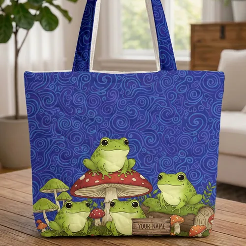 Storybook Frogs Toadstools Mushrooms Personalized Name - Everyday Carry Gift Quilted Tote Bag