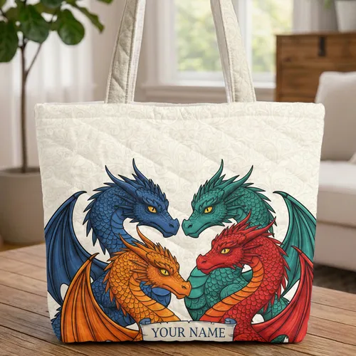 Four Fantasy Dragons Scrollwork - Dragon Lover Everyday Carry Gift Quilted Tote Bag