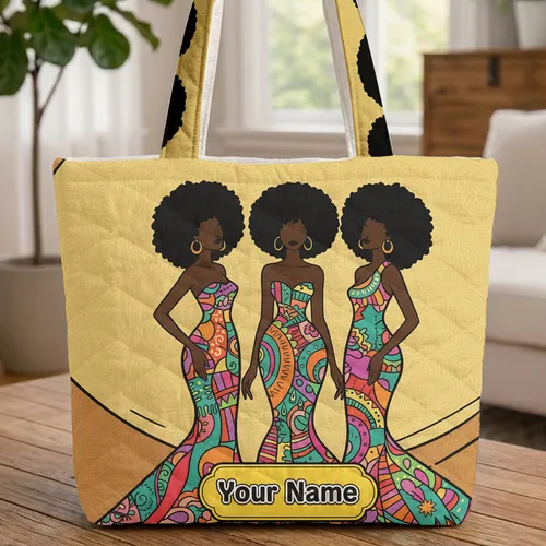 Afro Women Vibrant Dresses Personalized Name Plaque Everyday Carry Gift Quilted Tote Bag