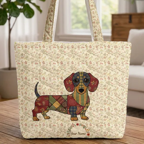 Dachshund Botanical Sprigs Floral Wreath - Everyday Carry Gift for Dog Lovers Quilted Tote Bag