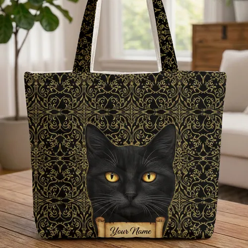 Black Cat Golden Filigree Personal Scroll - Everyday Carry Gift for Cat Lover Quilted Tote Bag