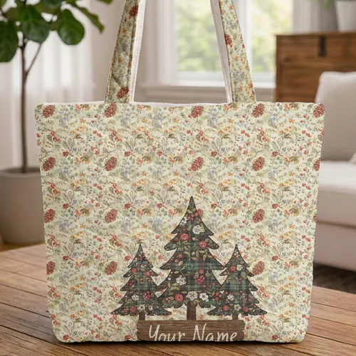 Rustic Pine Trees Wildflowers Pinecones Wooden Sign - Everyday Carry Gift Quilted Tote Bag