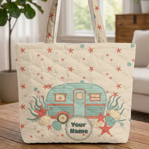 Personalized Vintage Travel Camper Seashells Starfish - Road Trip Travel Essentials Quilted Tote Bag