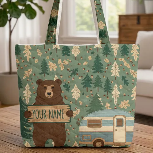 Brown Bear Vintage Camper Pine Tree Oak Leaf - Travel Essentials Gift for Camper Lover Quilted Tote Bag