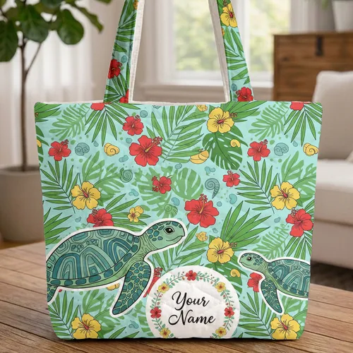 Sea Turtles Tropical Hibiscus Seashells - Everyday Carry Gift for Ocean Lover Quilted Tote Bag