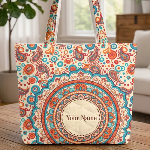 Paisley Polka Dot Personalized Name - Everyday Carry Travel Gift Quilted Tote Bag