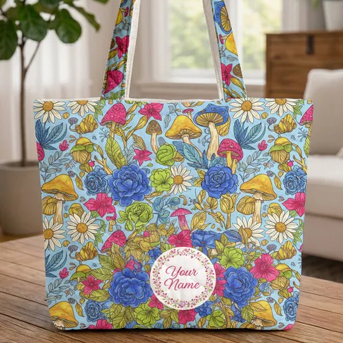 Your Name Floral Wreath Mushroom Botanical - Everyday Carry Gift Quilted Tote Bag
