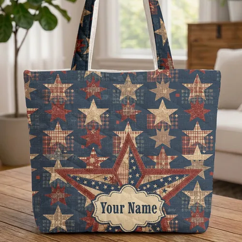 Personalized Ornate Patriotic Star Name Plaid Everyday Carry Gift for Veterans Quilted Tote Bag