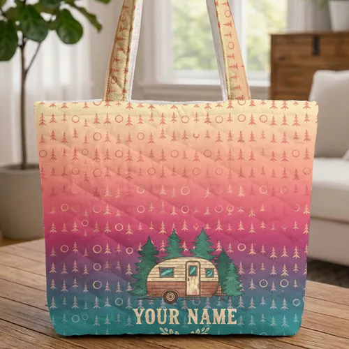 Vintage Camper Moon Stars Forest Road Trip Carry Gift Quilted Tote Bag