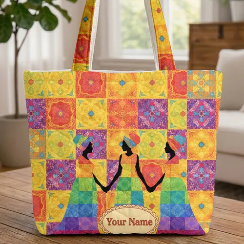 Three Women Flowing Dresses Name Swirls Floral - Everyday Carry Gift for Her Quilted Tote Bag