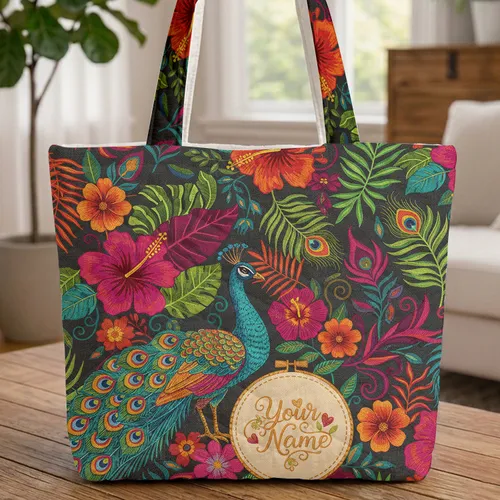 Elegant Peacock Hibiscus Palm Personalized Name - Travel Essentials Gift Quilted Tote Bag