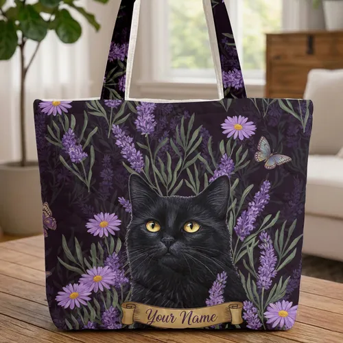 Black Cat Golden Eyes Lavender Daisy - Everyday Carry Gift Quilted Tote Bag
