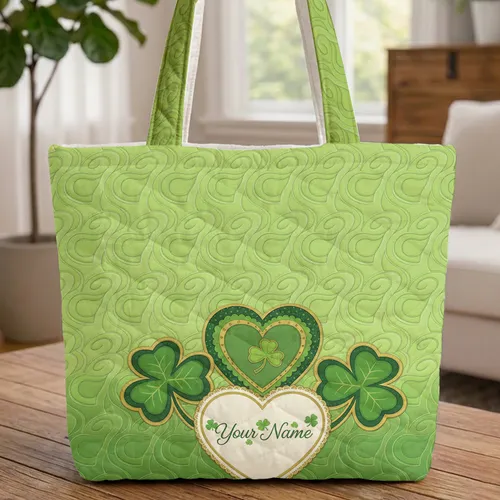 Shamrock Heart Personalized Name St. Patrick's Day Everyday Carry Quilted Tote Bag