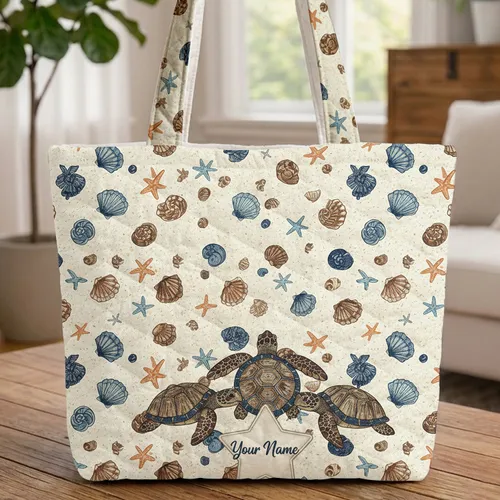 Three Sea Turtles Sand Seashell Starfish Everyday Carry Gift Ocean Lover Quilted Tote Bag