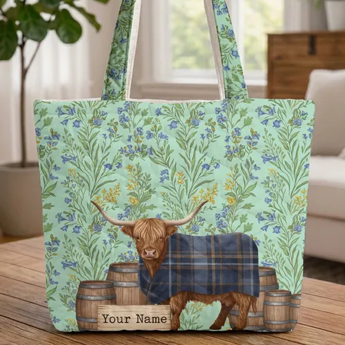 Personalized Highland Cow Wildflower - Rustic Farmhouse Lifestyle Gift for Cow Lover Quilted Tote Bag