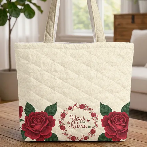 Ornate Botanical Roses Lush Green Leaves Swirling Vine Floral Wreath Everyday Carry Gift Quilted Tote Bag