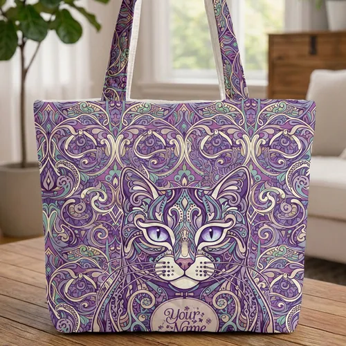 Cat Face Filigree Paisley Art Nouveau - Everyday Carry Personalized Name Gift Quilted Tote Bag