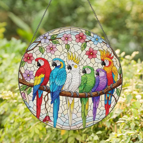 Tiffany Tropical Parrots Cockatoos Flowers - Wildlife Lover Home Decor Gift Stained Glass Suncatcher