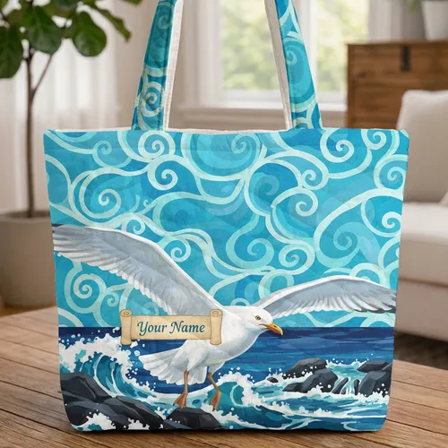 Seagull Crashing Ocean Waves Rocky Coast - Ocean Lover Travel Essentials Gift Quilted Tote Bag