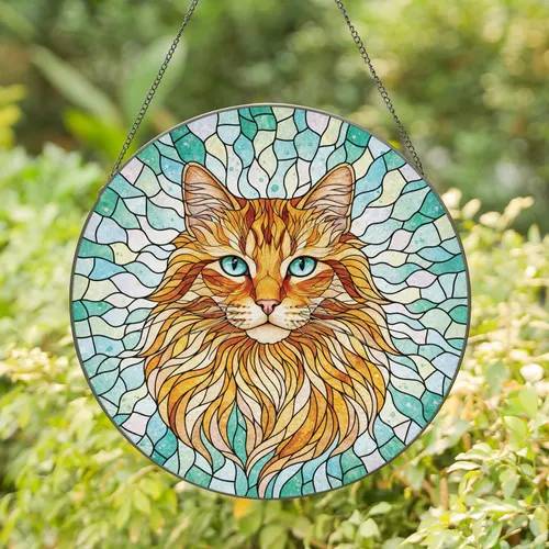 Fluffy Long Haired Ginger Cat Head Stained Glass Mosaic - Home Decor Gift for Cat Lover Stained Glass Suncatcher
