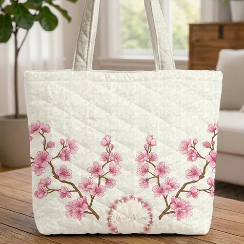 Blooming Cherry Blossom Willow Calligraphy Name - Everyday Carry Gift Quilted Tote Bag