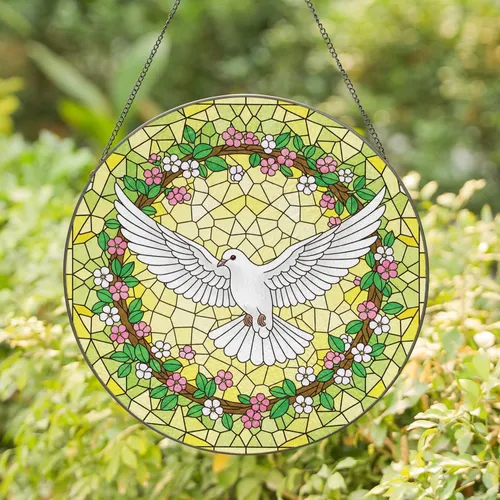 White Dove Flight Wreath Blossom - Wildlife Home Decor Gift for Bird Lover Stained Glass Suncatcher