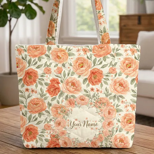 Personalized Orange Peony Rose Botanical Bouquet Everyday Carry Gift Quilted Tote Bag