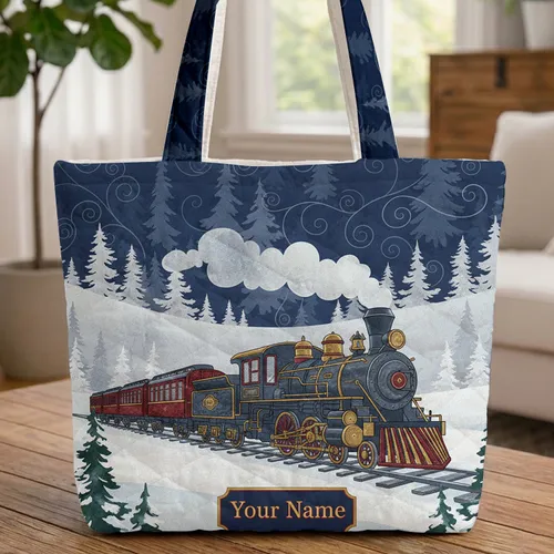 Ornate Steam Locomotive Snowy Pine Forest - Christmas Gift for Train Enthusiast Quilted Tote Bag