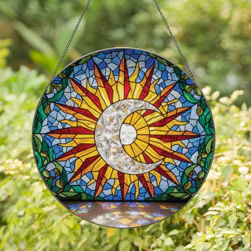 Crystal Crescent Moon Sunburst Prismatic Light Foliage Sky - Home Decor Gift Stained Glass Suncatcher