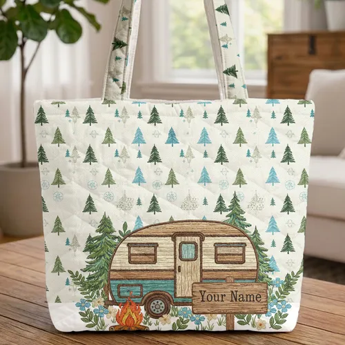 Vintage Travel Trailer Campfire Scene - Travel Essentials Camping Lover Gift Quilted Tote Bag