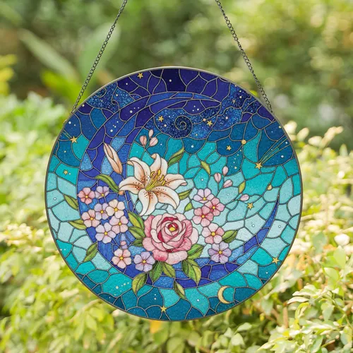 Crescent Moon Lily Rose Blossoms Celestial Starry Night Sky - Home Decor Gift Stained Glass Suncatcher