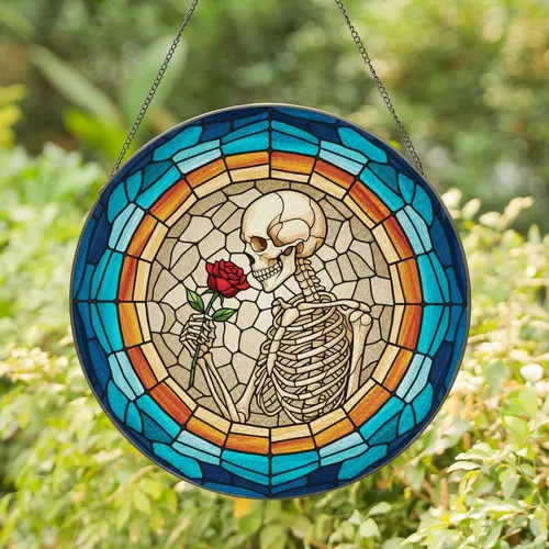 Tiffany Glass Human Skeleton Red Rose Amber Teal Mosaic Border - Home Decor Gift Stained Glass Suncatcher