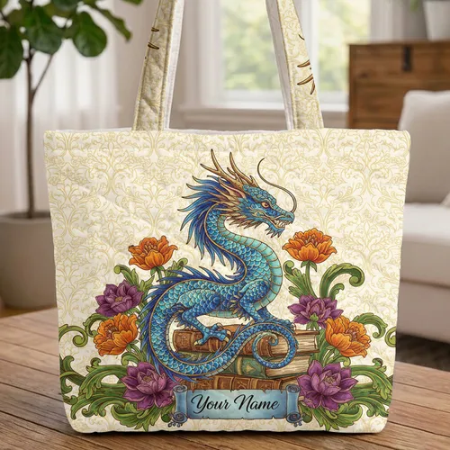 Ornate Blue Dragon Antique Books Fantasy Flowers - Everyday Carry Book Lover Gift Quilted Tote Bag