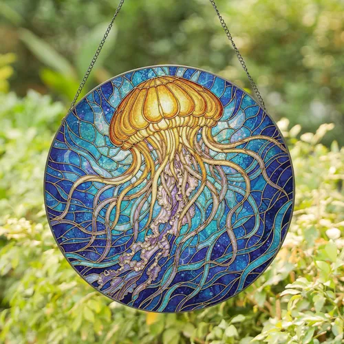 Jellyfish Stained Glass Deep Sea Cosmic Currents - Home Decor Gift Ocean Lover Stained Glass Suncatcher