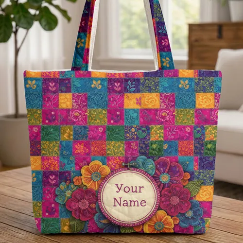 Patchwork Quilt Applique Flowers Storybook Hoop Decorative Border - Everyday Carry Gift Quilted Tote Bag