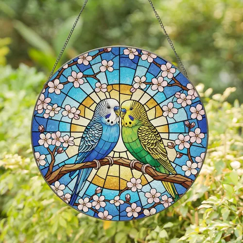 Budgies Cherry Blossom Stained Glass Sky - Home Decor Gift for Bird Lovers Stained Glass Suncatcher