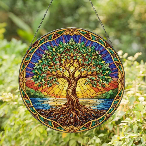 Tree of Life Stained Glass Sunset - Nature Lover Home Decor Gift Stained Glass Suncatcher