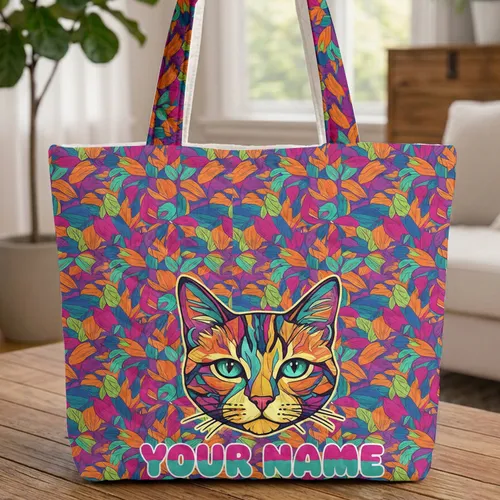 Personalized Teal Eyed Segmented Cat Face Everyday Carry Gift for Cat Lover Quilted Tote Bag