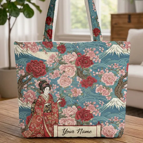 Japanese Woman Mount Fuji Cherry Blossom Peony Everyday Carry Gift for Japan Culture Lover Quilted Tote Bag