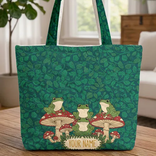 Three Frogs Toadstools Leafy Vines - Everyday Carry Gift for Frog Lover Quilted Tote Bag