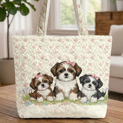 Shih Tzu Puppies Ditsy Roses Personalized Name - Everyday Carry Gift for Dog Mom Quilted Tote Bag