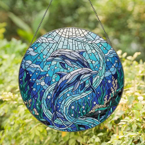 Graceful Swimming Dolphins Swirling Water Coral Seaweed Ocean Home Decor Gift for Dolphin Lovers Stained Glass Suncatcher