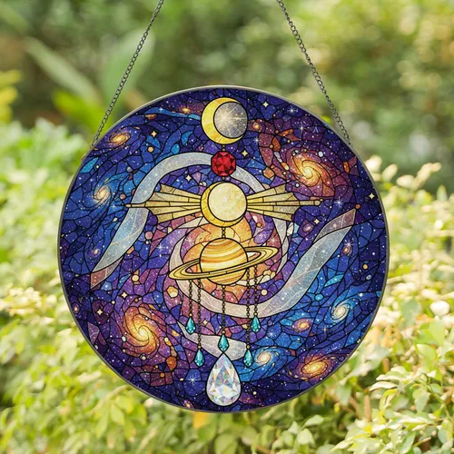 Crescent Moon Ringed Planet Jewels Cosmic Nebula - Stargazer Home Decor Gift Stained Glass Suncatcher