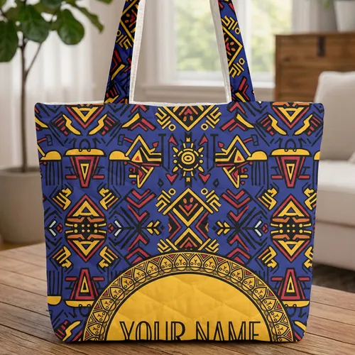 African Inspired Circular Personalized Name Tribal Symbol - Everyday Carry Gift Quilted Tote Bag